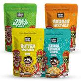 Kerala Thingz Kerala Jackfruit Chips + Madras Mixture + Butter Murukku (Each 150g Pack) + Tapioca Chips (80g) | Combo 530g